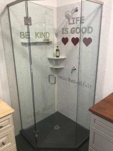 TOPS Quartz Shower Installation with an acrylic shower pan