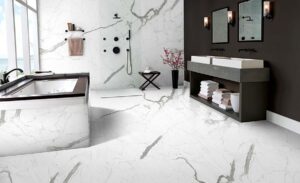 A bathroom utilizing porcelain slabs for both countertops and wall cladding.