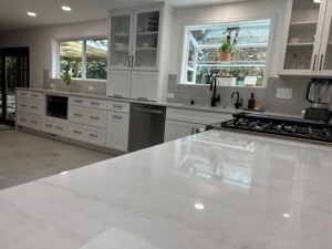 Sealed White Santorini quartzite countertops for a kitchen.