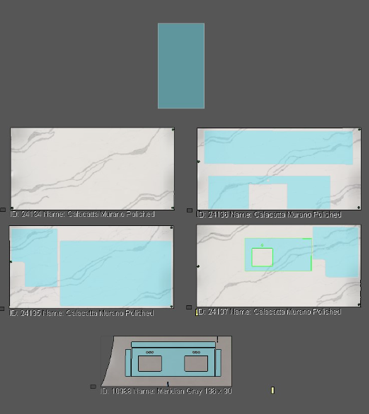 An example of the slab layout view. Pictured are 4 stone slabs with countertop designs overlaid on them.