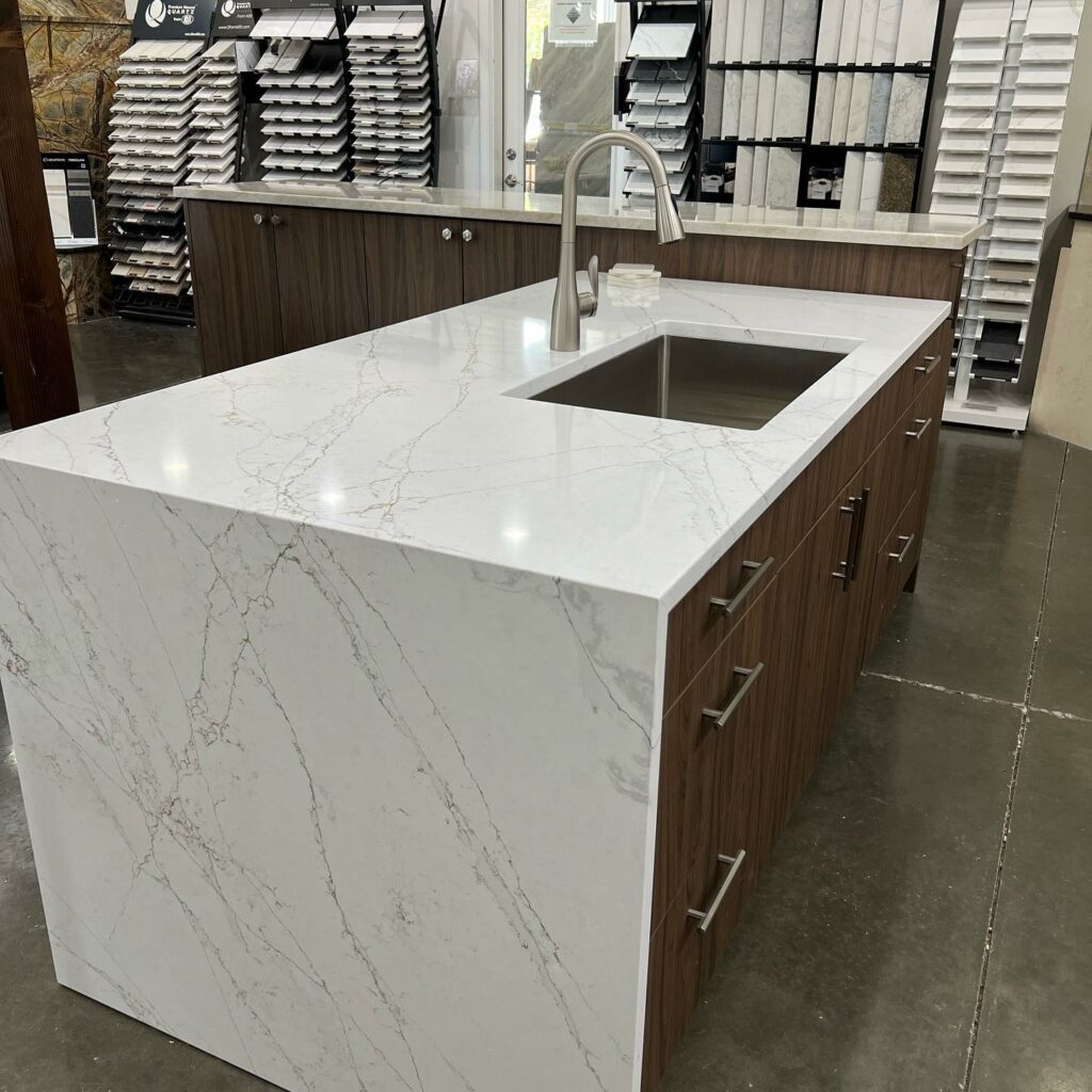White quartz from MSI with a waterfall edge at the Tops Showroom in Lacey