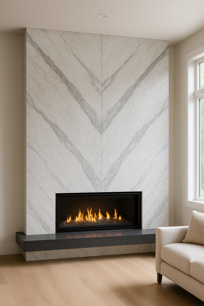 Modern porcelain slab fireplace surround with bookmatched veining in living room