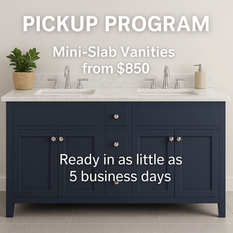 Double-sink navy blue vanity with white quartz top promoting Tops Countertops’ remnant pickup program with pricing from $850 and 5-day turnaround.