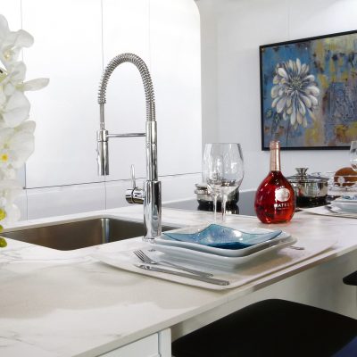 White Quartz Countertop w/ Chrome Fixtures in Tacoma Washington